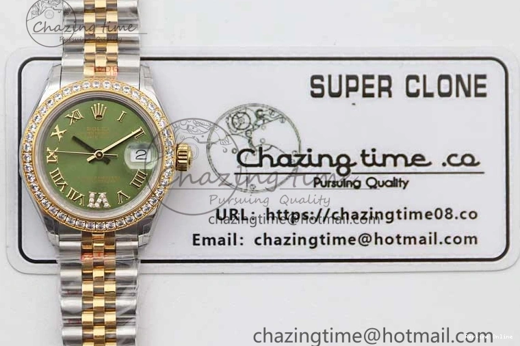 1219 Bright Lady DateJust 28 SS YG TWF Diamonds Bezel 1:1 Best Edition Green Dial Roman Markers on Jubilee Bracelet NH 2135